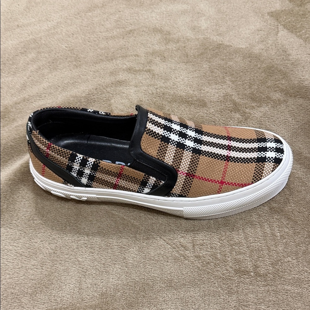 Burberry Beige and Black Checkered Slip-On Loafers